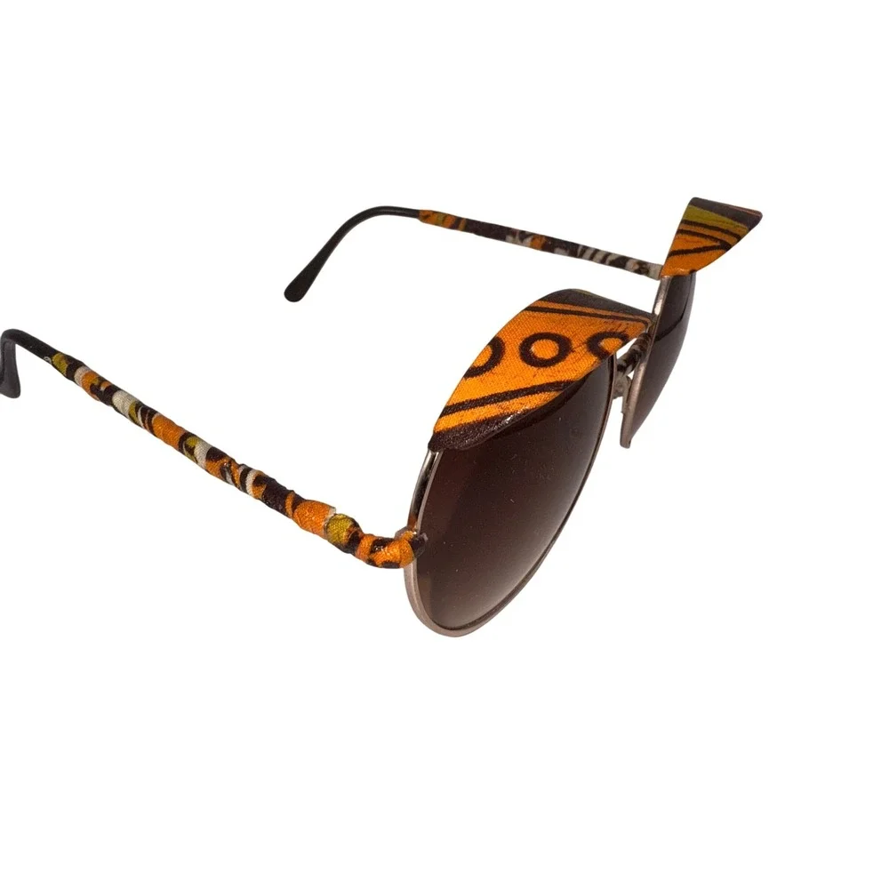 Womens Round Teashades‎ Sunglasses Gold Frame Orange Brown Fabric Accents Unique